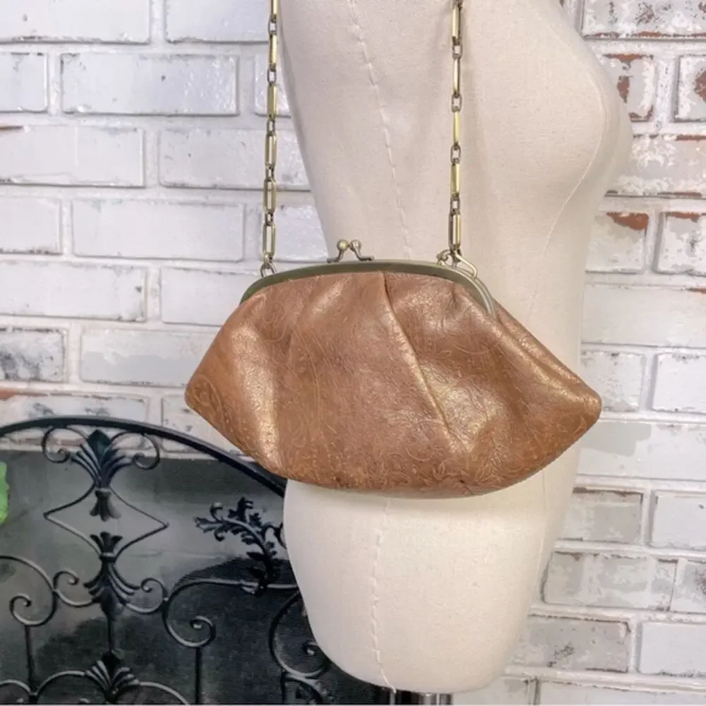 Vintage 90s Monsac Leather Gold Floral Embossed Gold Chain Handle Purse Bag
